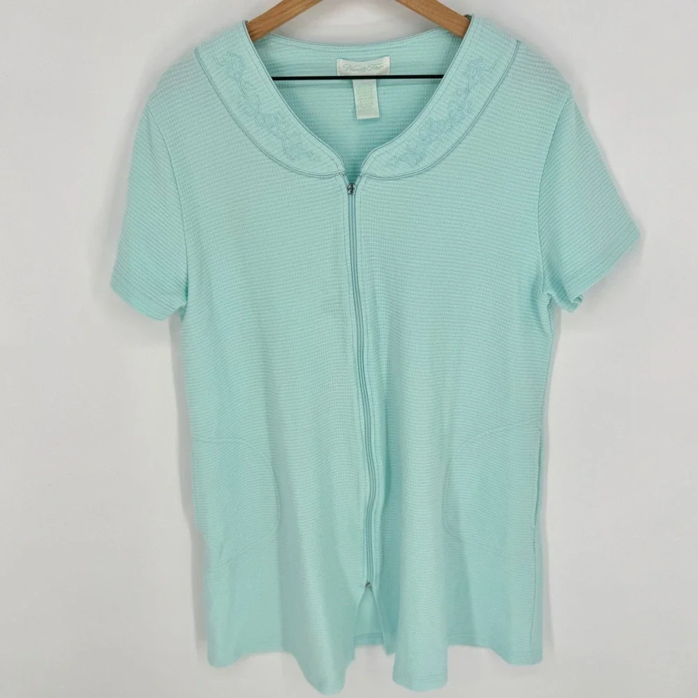 VTG Vanity Fair Mint Green Waffle Knit Zip Robe L Housecoat Spa Knee Length